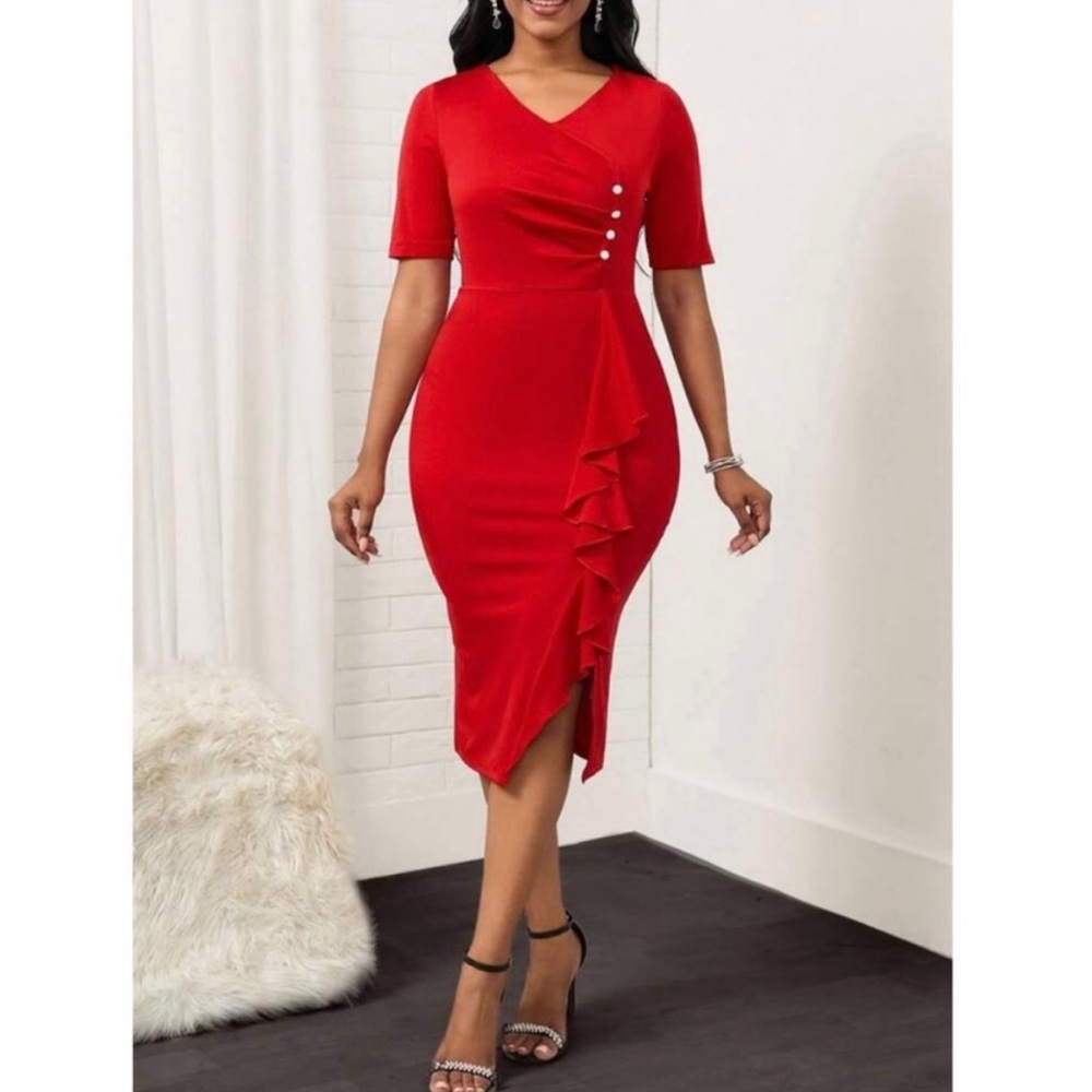 Women’s red ruffle wrap front knee length dress - size medium
